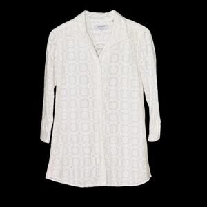 Foxcroft Off White Dani Button Down 3/4 Sleeve Shirt 8